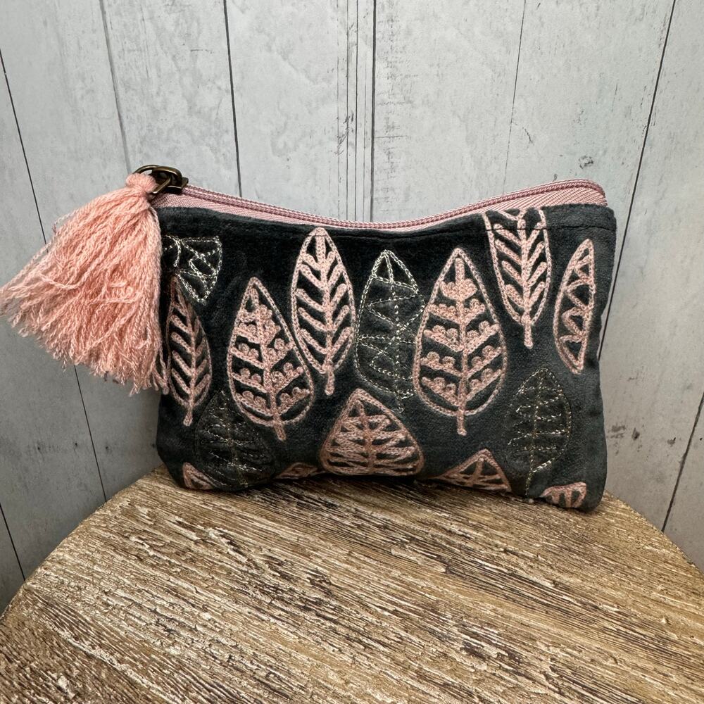 Pink Gray Velvet Pouch Leaves Makeup Bag Coin Pouch NEW FAST SHIP Gray Bag